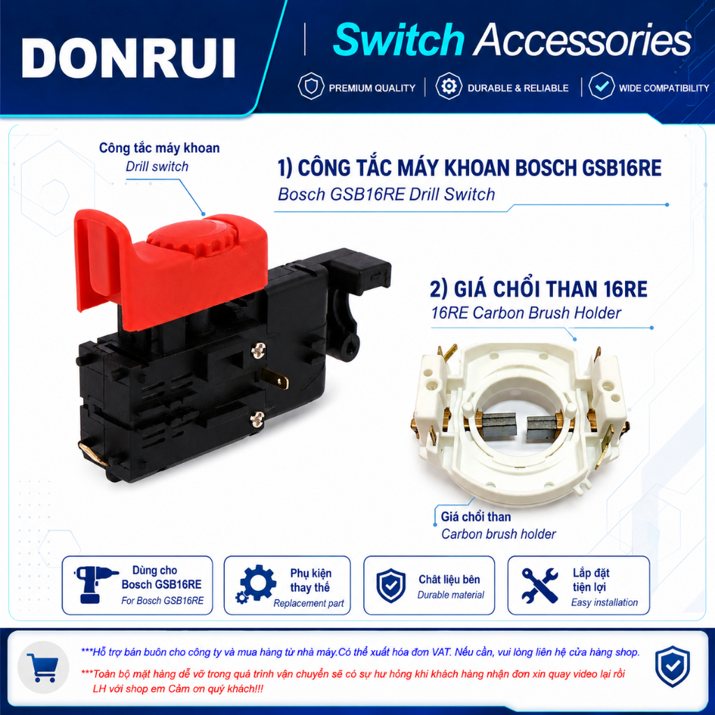 CÔNG TẮC MÁY KHOAN BOSCH GSB16RE 1607200270 ổ than kèm đảo chiều khoan 16RE