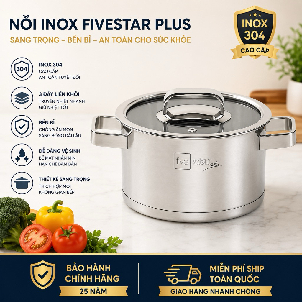 Nồi Inox 3 Đáy inox 304 Fivestar 16-18-20-24 cm quai vuông nắp kính CHÍNH HÃNG FIVESTAR