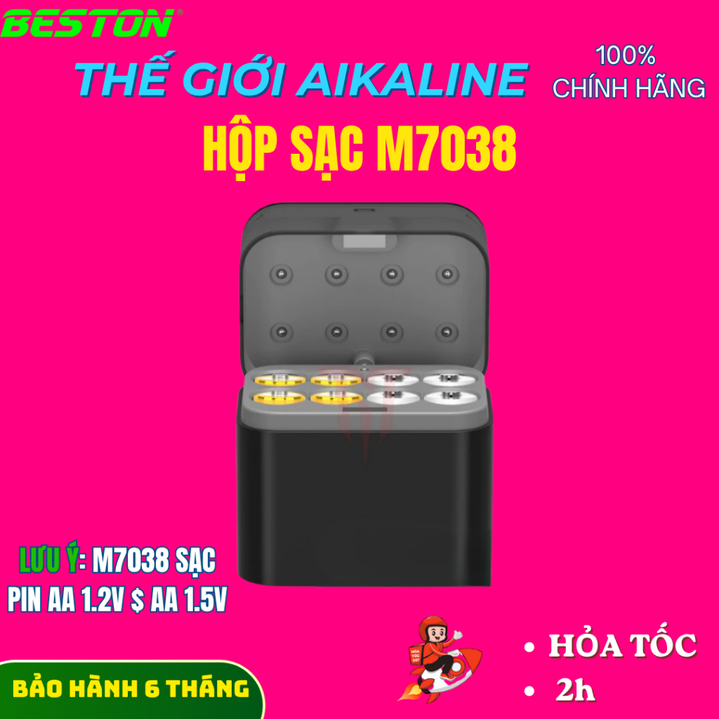 Hộp sạc M7038,dùng cho cả loại 1.2V và 1.5V, cổng sạc USB-C tiện lợi, có đèn báo sạc thông minh