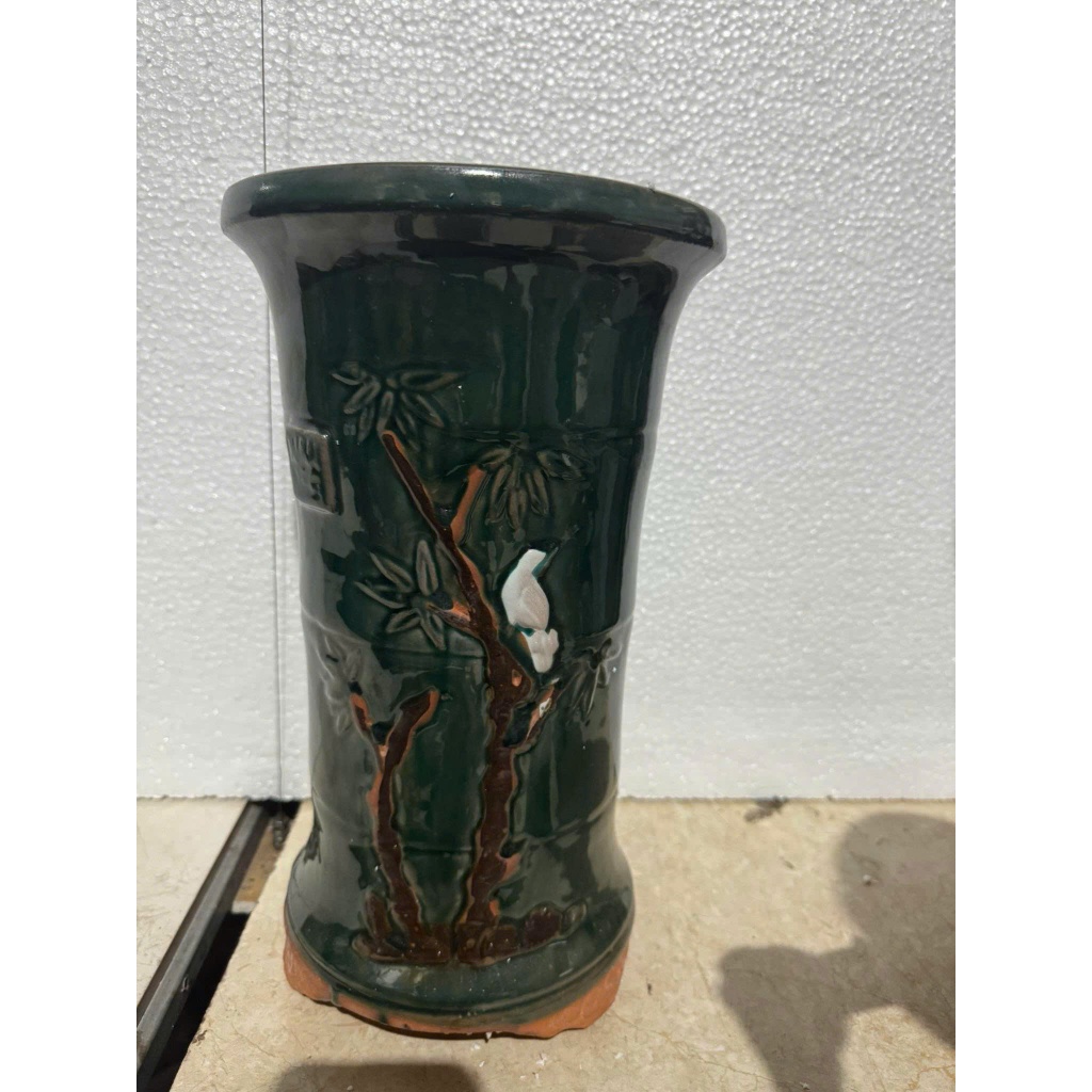 CHẬU ỐNG TRE MEN XANH NỔI HOA ĐIỂU – GỐM BÁT TRÀNG, CHẬU BONSAI , CHẬU CÂY
