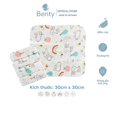 Khăn sữa họa tiết Benty chất vải sợi tre 2 lớp, mềm mịn combo 5 khăn an toàn cho trẻ sơ sinh