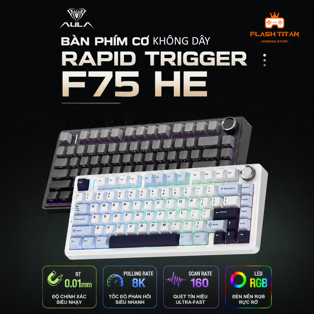 Bàn phím cơ không dây Aula F75 HE - 3 mode kết nối - Polling rate 8k - LED RGB - Rapid trigger - Dùng cho PC, laptop