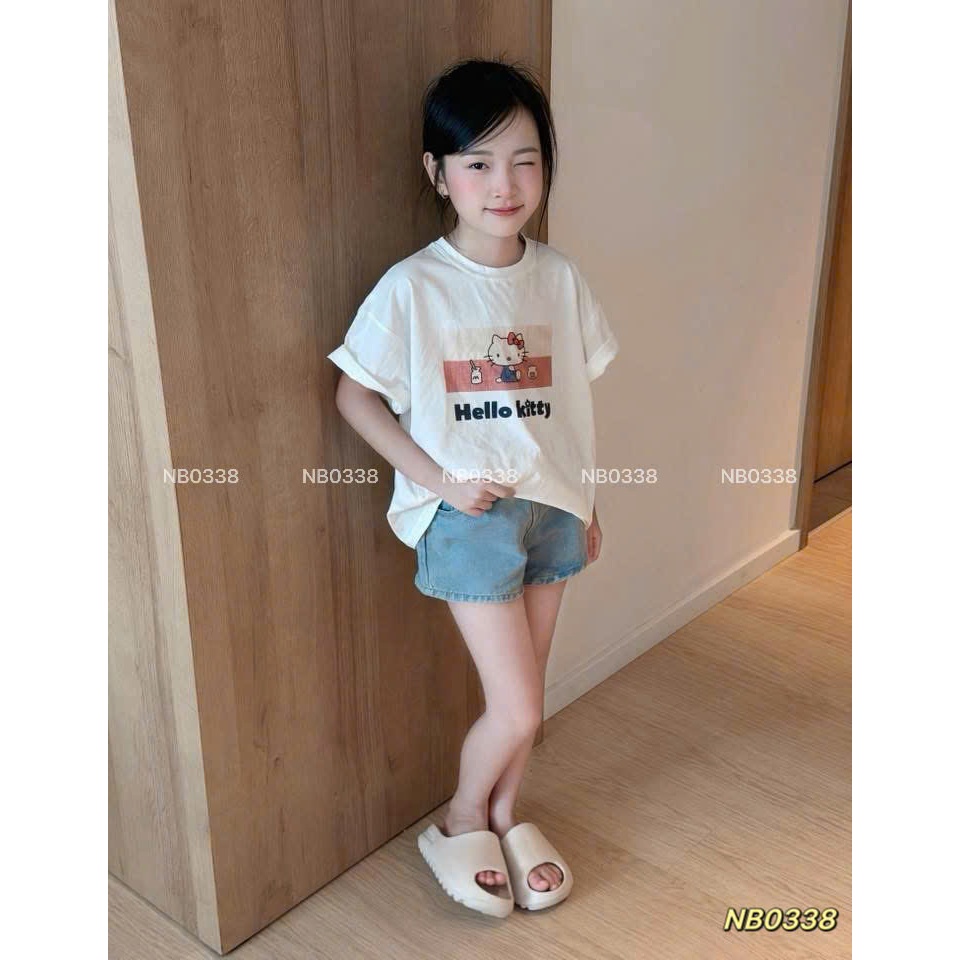 Đồ hè bé gái, Đồ xinh cho bé gái, Set áo phông hello kitty mix quần jean cho bé đi học đi chơi 10-30