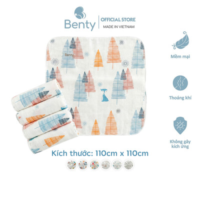 Khăn đa năng họa tiết Benty chất vải sợi tre 2 lớp, kích thước lớn 110cmx110cm mềm mịn thấm hút