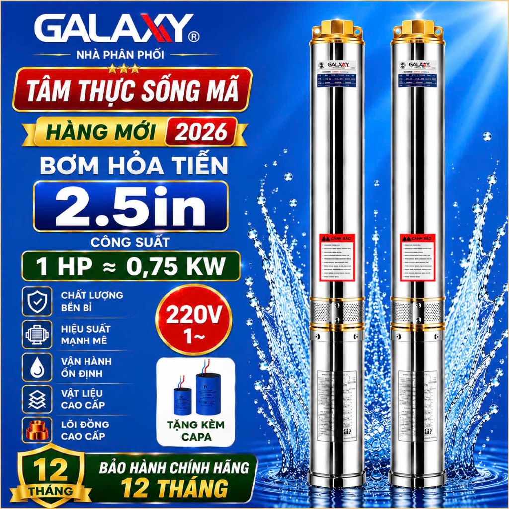 Bơm hỏa tiễn Galaxy 750W (1HP) 1 pha, vỏ inox 304, thân phi 63mm - Tân Huỳnh Châu