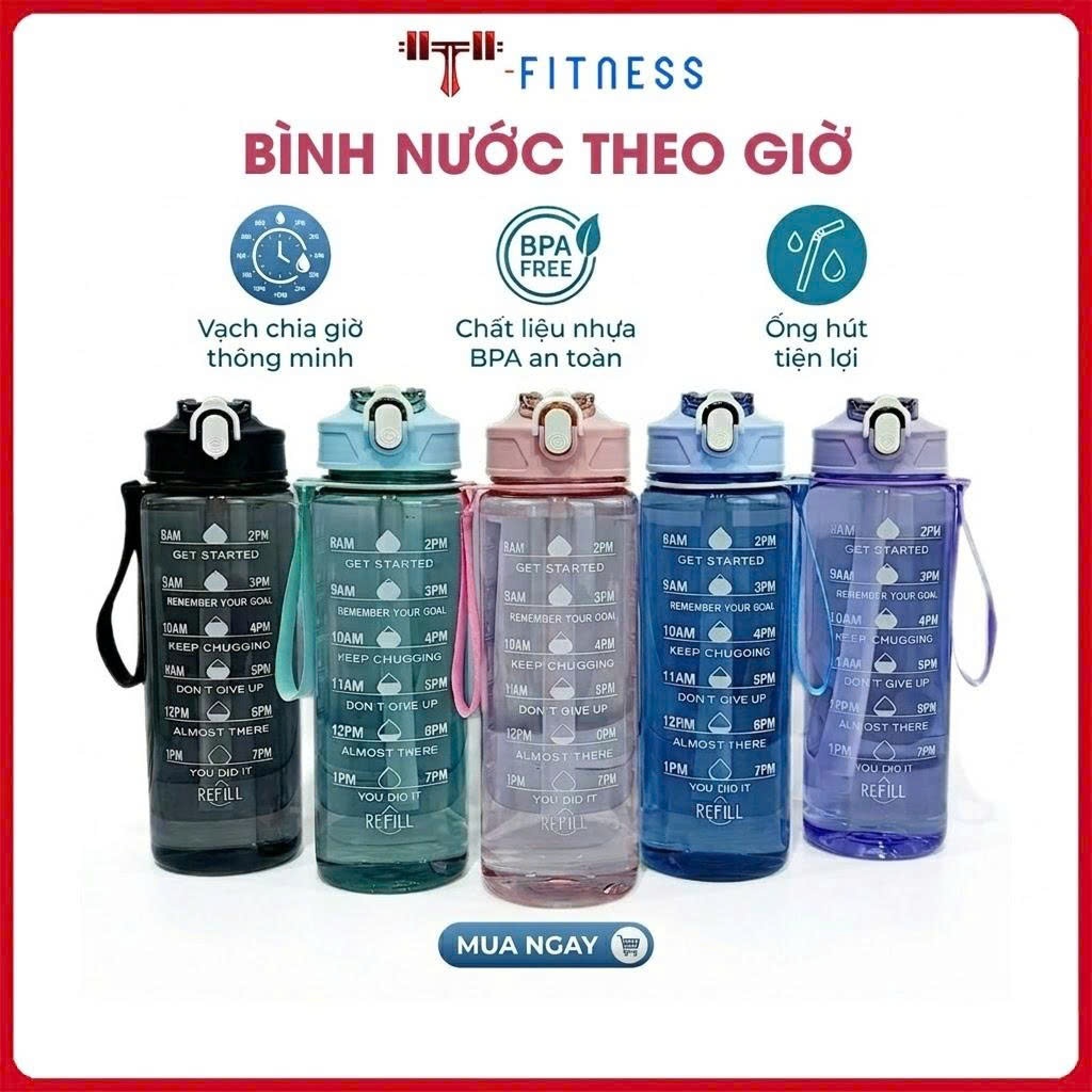 Bình Nước 950ml [ tặng Sticker] , Bình Nước Trong Suốt 950ml Có Ống Hút, Vạch Chia Nhắc Giờ