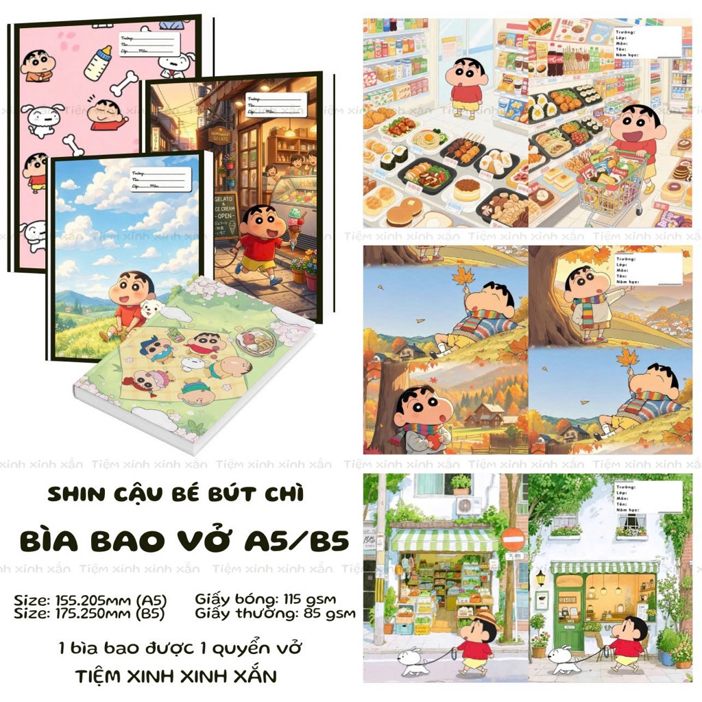 Giấy bao vở hình SHIN Cậu bé bút chì mới nhất, hình in rõ nét phù hợp vở A5/B5 vở học sinh | Tiệm xi