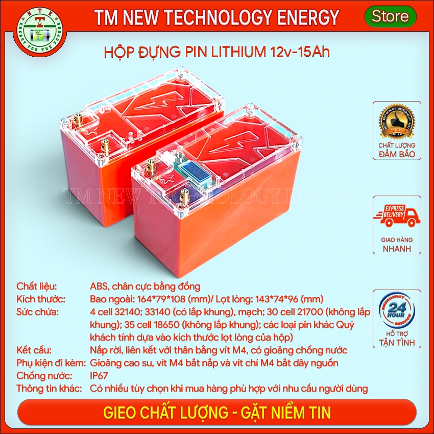 Vỏ nhựa, hộp nhựa đựng pin chống nước 12v 15Ah (vừa 4 cell 33140 32140, 30 cell 21700, 35 cell 18650