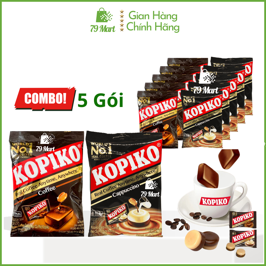 [Combo 5 Gói] Kẹo cà phê KOPIKO vị Coffee/ Cappuccino candy 140G (1 gói ~40 viên) 🛒79 MART