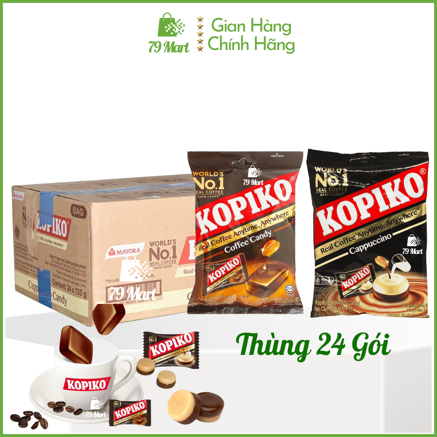 [Thùng 24 Gói] Kẹo cà phê KOPIKO vị Coffee/ Cappuccino candy 140G (1 gói ~40 viên) 🛒79 MART