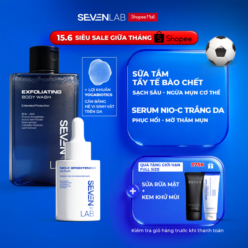Combo sữa tắm & serum dưỡng trắng da nam SEVENLAB giúp ngăn ngừa mụn lưng, cơ thể, mờ thâm, đều màu