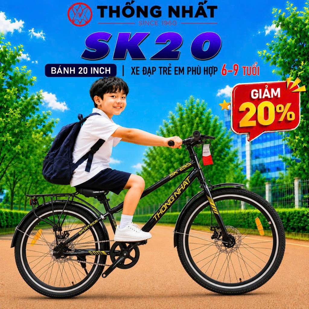 Xe đạp trẻ em Thống Nhất SK 20 super 20(Tặng đèn phản quang +lục) sk20 gn 06-20 khung thép chắc chắn