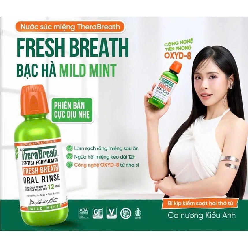 [Quà tặng] TheraBreath Nước Súc Miệng Không Cồn - Vị Mild Mint không cay-Diệt vi khuẩn gây hôi miệng