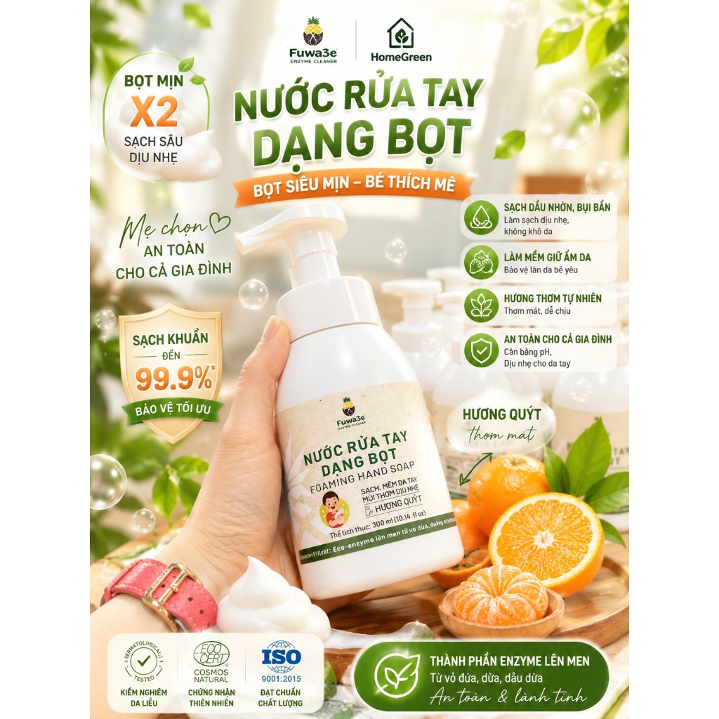 [Fuwa3E Sống Xanh] Nước rửa tay bọt hữu cơ Fuwa3e mùi tinh dầu quýt từ chế phẩm Enzyme sinh học 300m