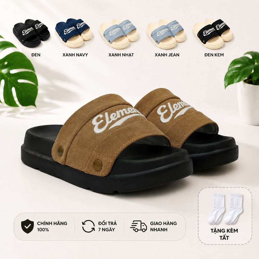 Dép ELements Nam Nữ Denim Unisex chữ thêu đính nút - (Slipper) Dép Elements vải jean đế bằng nam nữ