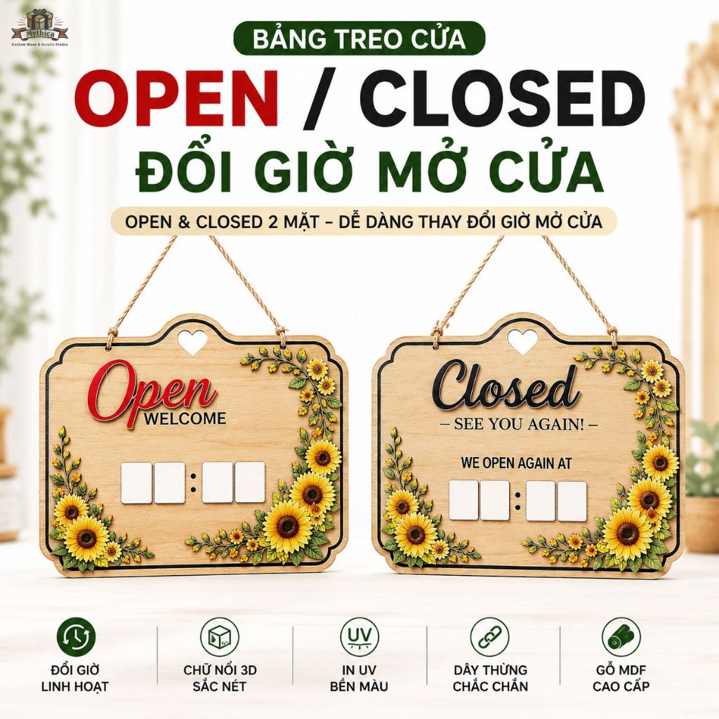 Biển Gỗ Open Closed Treo Cửa 2 Mặt Viết Xóa Giờ Mở Cửa 22x14 / 30x20cm — ảnh listing minh họa