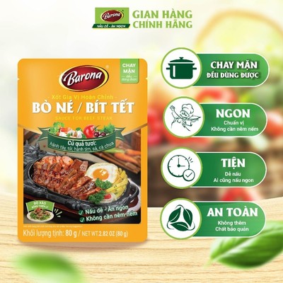 Gia vị hoàn chỉnh Barona Bò Né/Bít Tết 80g, chay mặn dùng được, ướp ngon chuẩn vị không cần nêm nếm