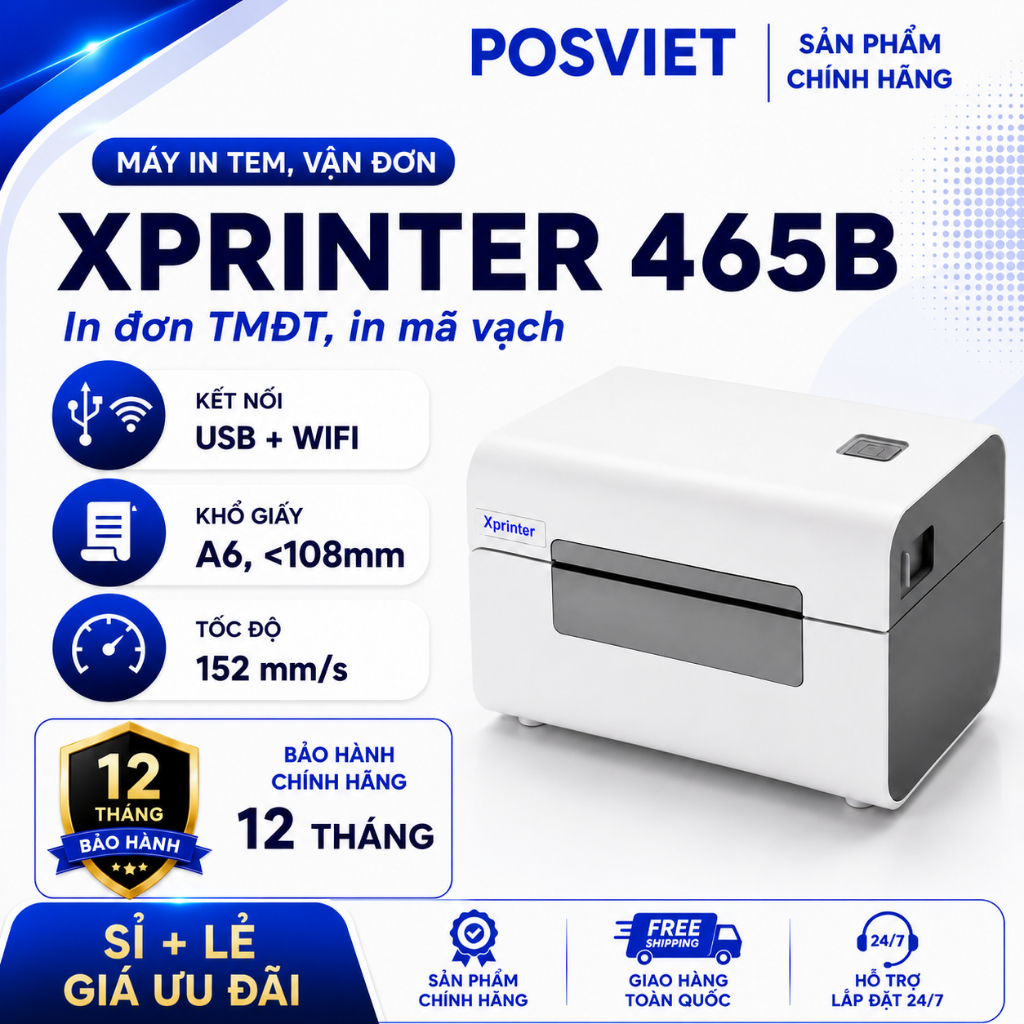 Máy In Nhiệt Xprinter XP-D465B(USB + WiFi) Chuyên In Đơn TMĐT, Tem Mã Vạch Từ Điện Thoại Và Máy Tính