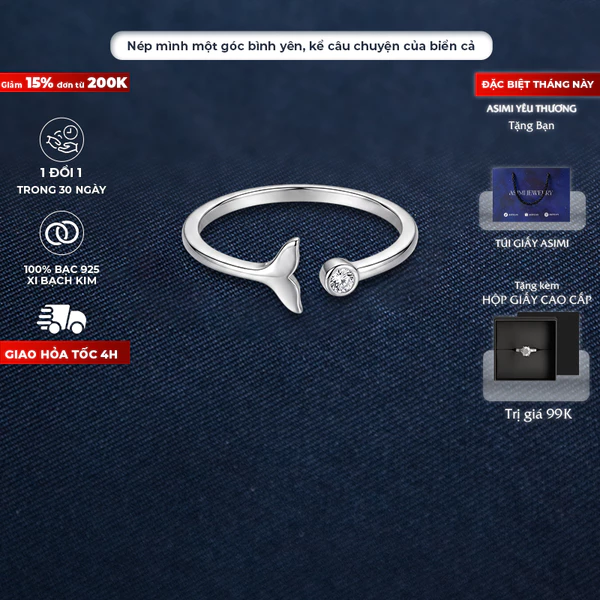 Nhẫn bạc Ý S925 hình dáng đuôi cá Asmi Rear Ring NA10
