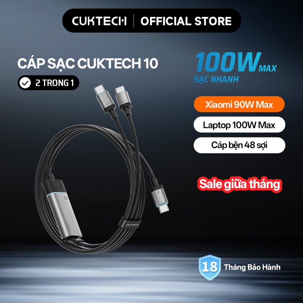 CUKTECH Cáp Sạc Nhanh 2 trong 1 Type-C to Type-C+Type-C 100W Max Laptop 100W Xiaomi 90W Max Samsung 