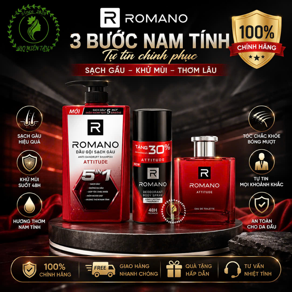 Combo Romano Attitude 3 Món – Dầu Gội 5in1 610g + Xịt Khử Mùi 195ml + Nước Hoa 50ml