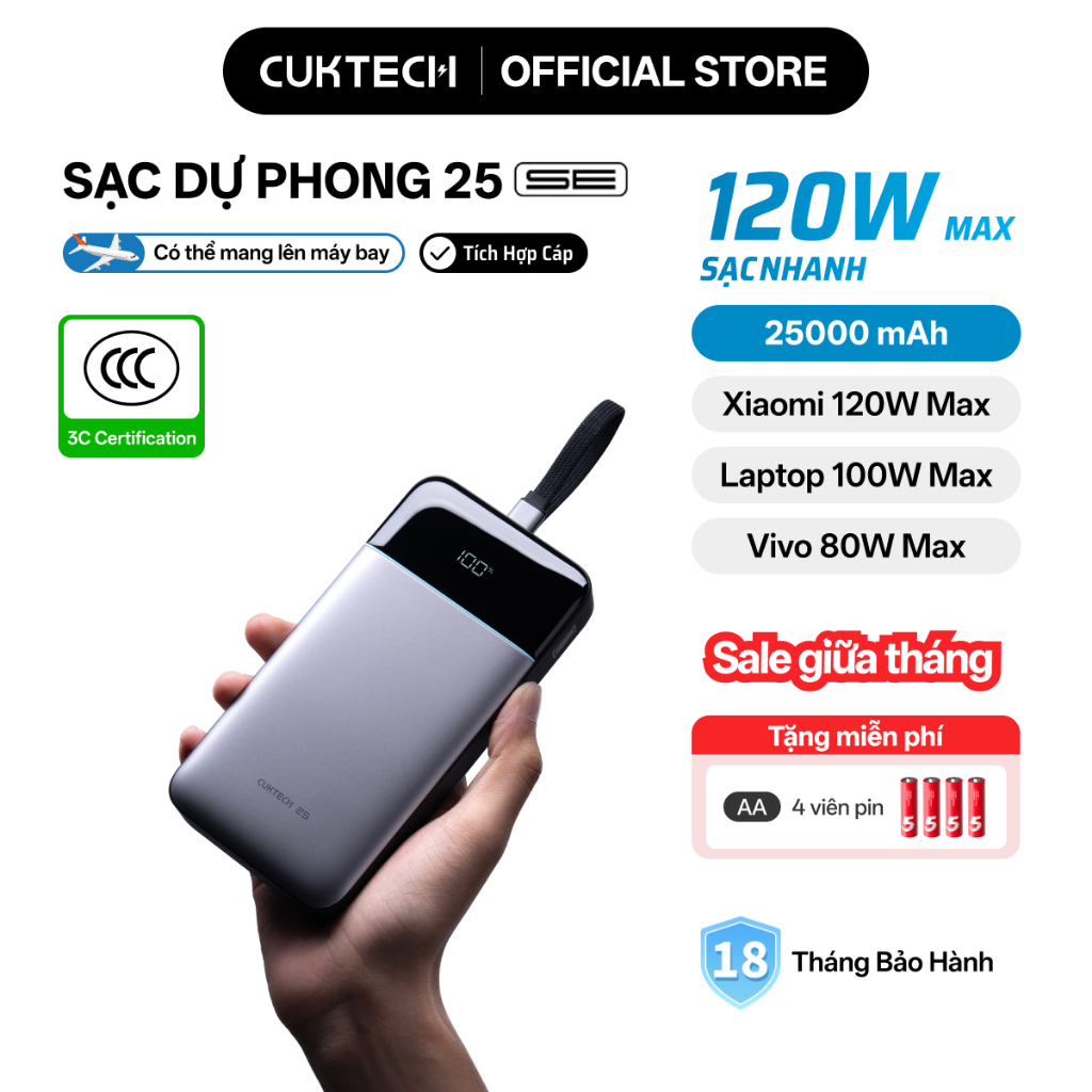 【Được chứng nhận CCC】CUKTECH 120W 25000mAh Sạc Nhanh Công Suất Cao Pin Dự Phòng – Hỗ Trợ Xiaomi 120W