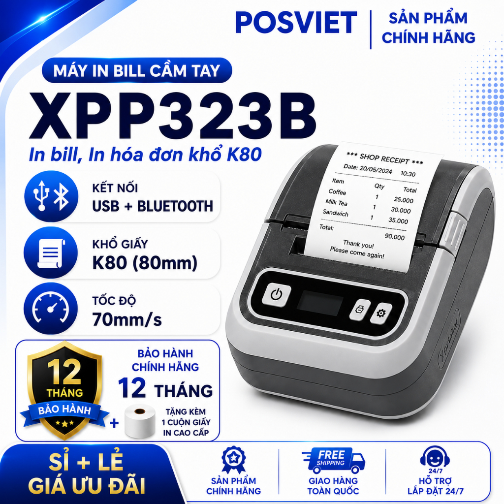 [MÁY IN CẦM TAY] Máy In Nhiệt Mini XP P323B USB+BLUETOOTH, In Hóa Đơn, In Tem Nhãn Khổ Giấy 80mm