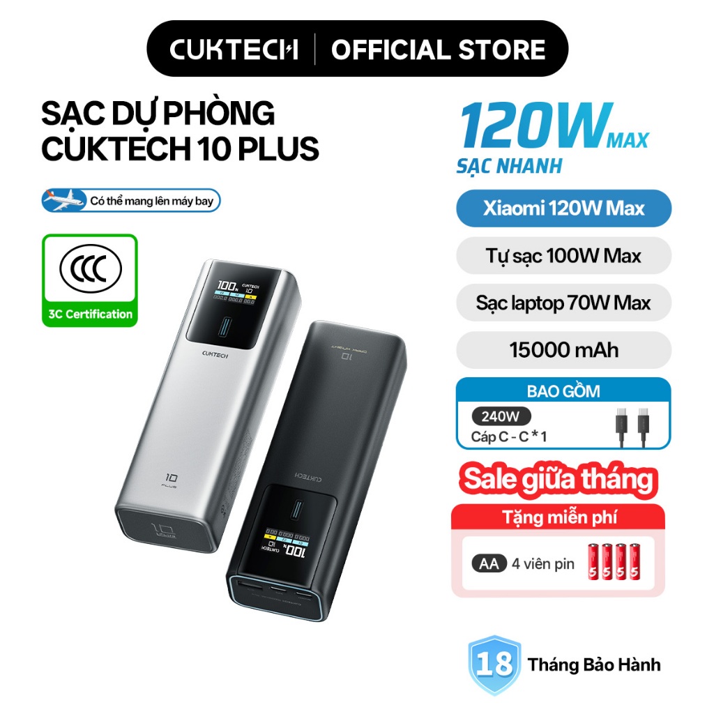 【Được chứng nhận CCC】CUKTECH Sạc Nhanh 120W 15000mAh – Hỗ Trợ Xiaomi 120W Laptop70W Samsung 45W, iP 