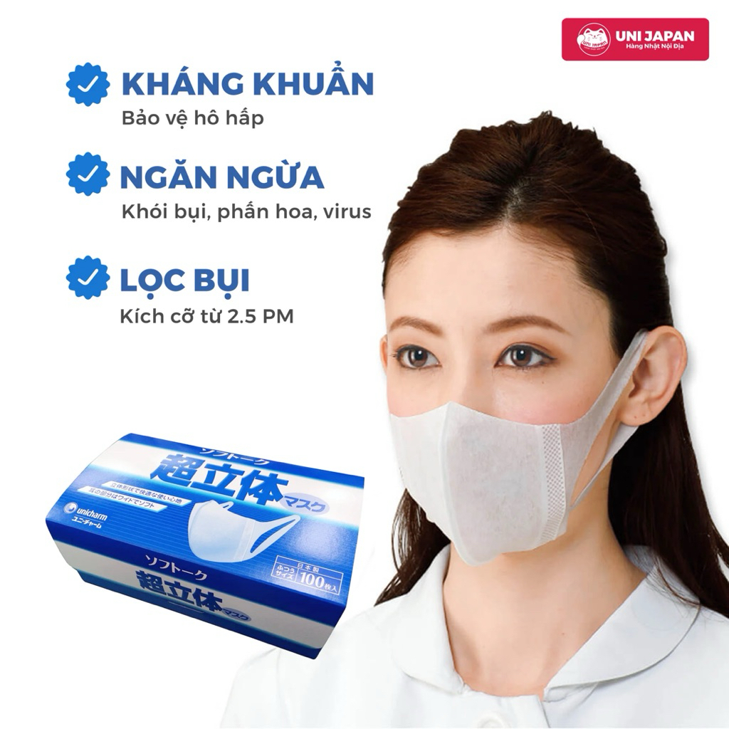 Khẩu trang kháng khuẩn 3D Unicharm hộp 100c hàng nội địa Nhật Bản - Lâm và Nhím
