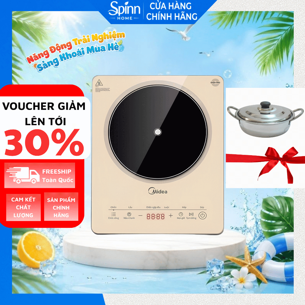 Bếp từ đơn midea công suất 2200W nấu nhanh, bếp điện từ midea tiết kiệm an toàn tặng kèm nồi lẩu