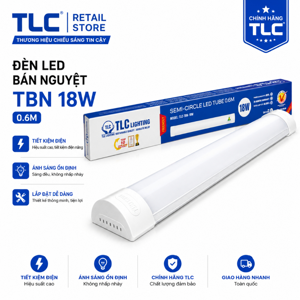 Đèn Tuýp LED TLC Bán Nguyệt 18W 36W 40W 0.6m 1,2m Tiết Kiệm Điện Năng 40000h
