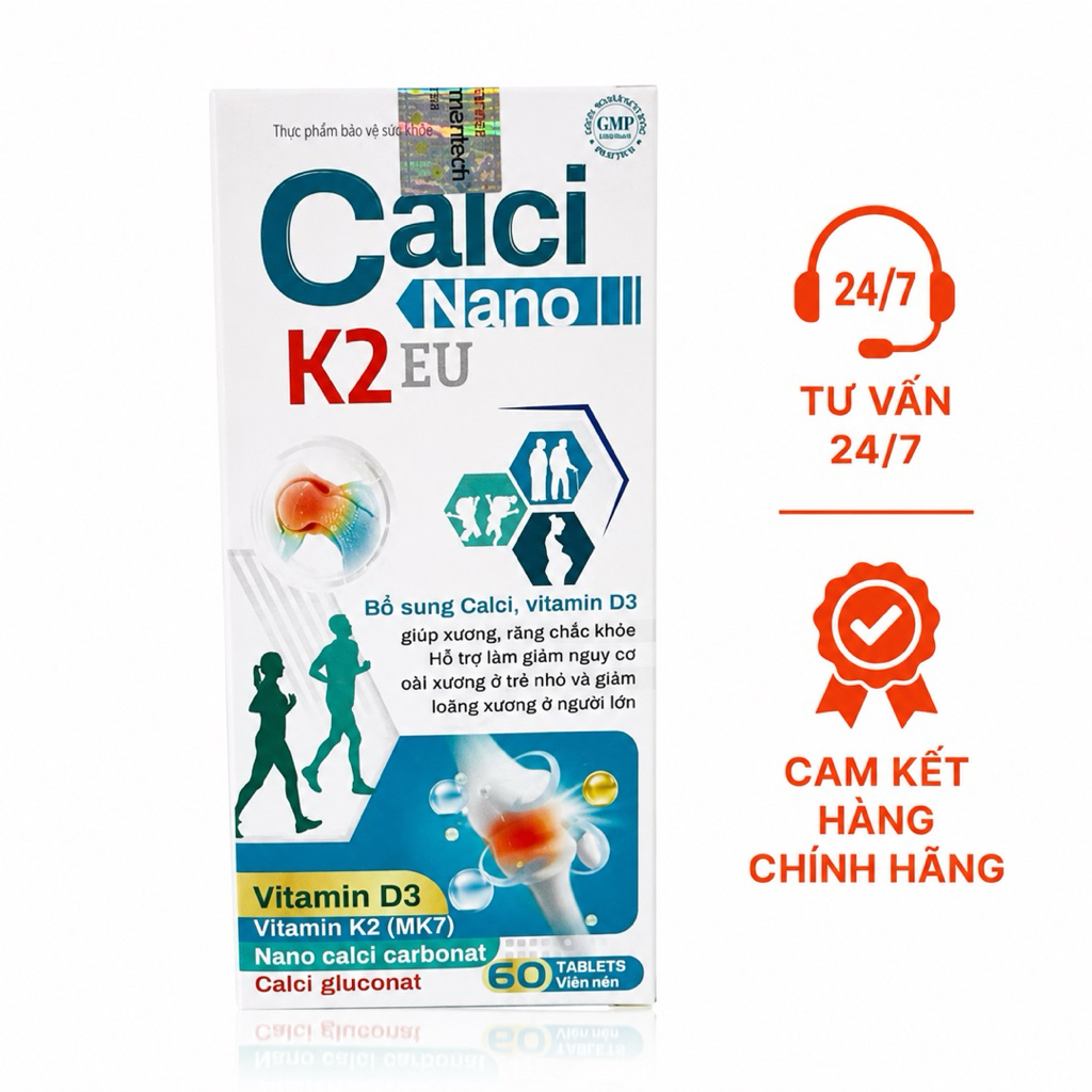 Calci Nano K2 EU 60 Viên | Bổ Sung Canxi Nano Vitamin D3 K2 MK7 Hỗ Trợ Xương Chắc Khỏe Chính Hãng
