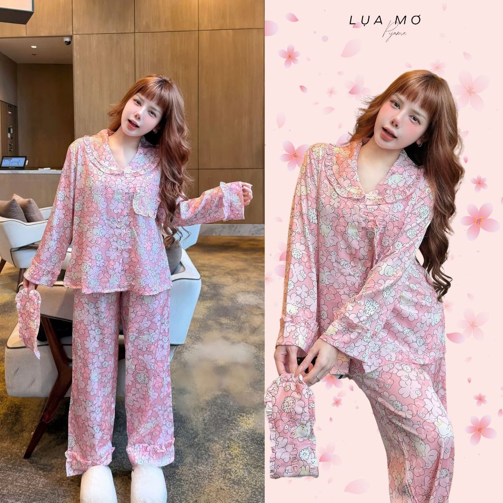 Set Pijama Tiểu Thư Họa Tiết Kẻ Sọc Hồng Kèm Bịt Mắt Vải Lụa Latin Cao Cấp - Đồ Bộ Lụa Mơ LM115