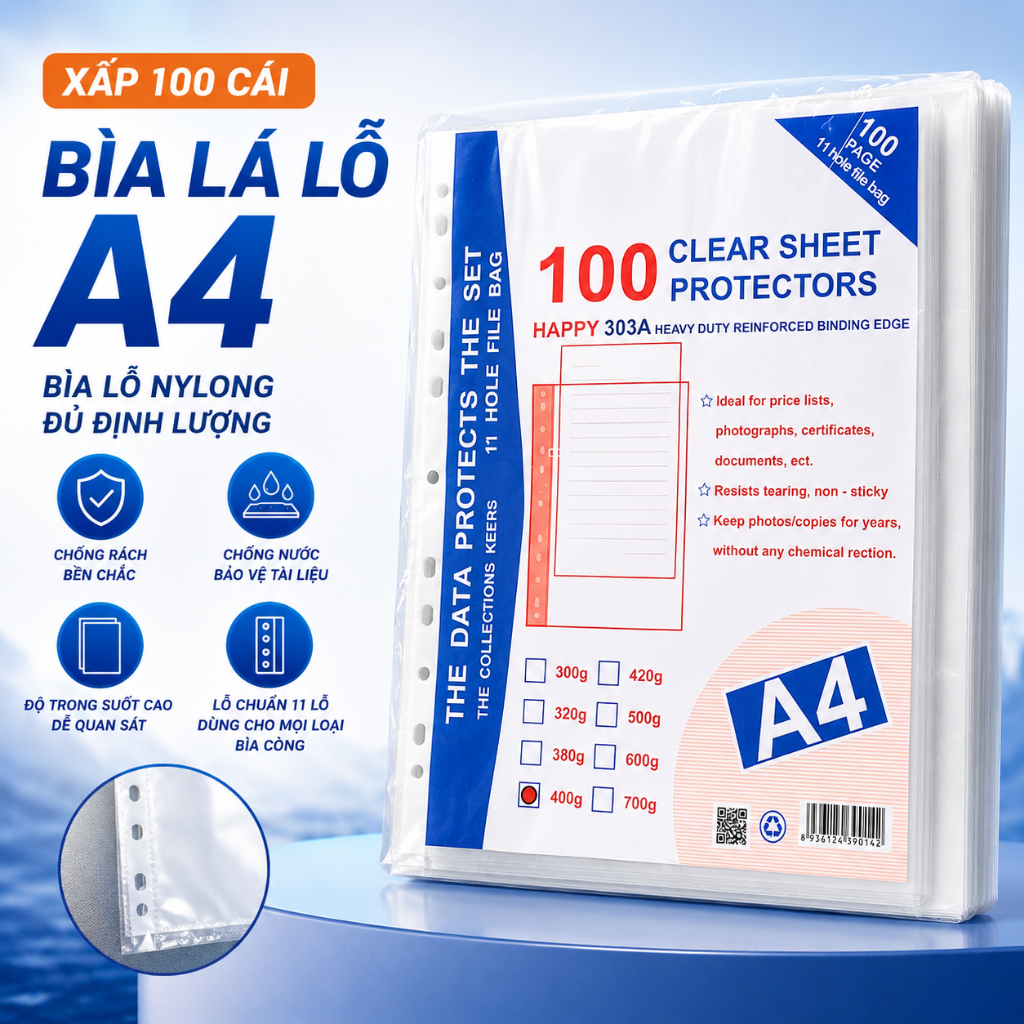 (Xấp 100 Cái) Bìa lá lỗ, bìa lỗ A4, bìa lá nylong đủ định lượng