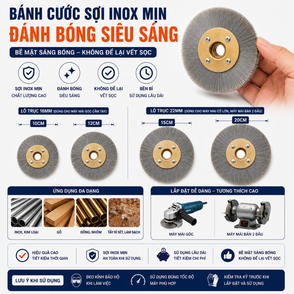 Bánh Cước Inox Mịn Cao Cấp 10 12 15 18 20cm – Bánh Cước Đánh Bóng Kim Loại, Inox, Gỗ – Bề Mặt Sáng B