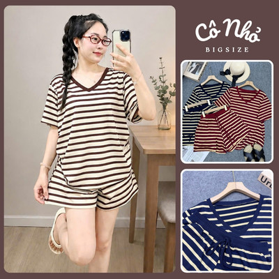 Đồ Bộ Bigsize Nữ Set Áo Thun Cổ Tim Phối Quần Đùi Lưng Chun Kẻ Sọc Cho Chubby SET879
