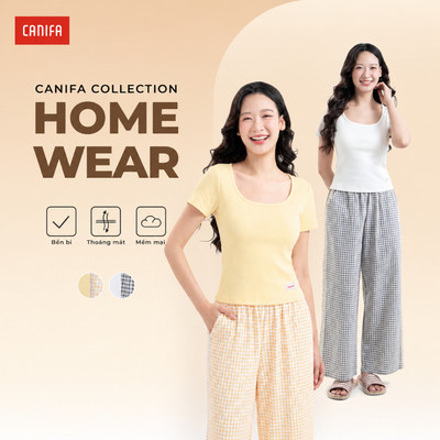 Bộ quần áo mặc nhà nữ quần dài áo ngắn tay cổ vuông CANIFA 6LS26S008