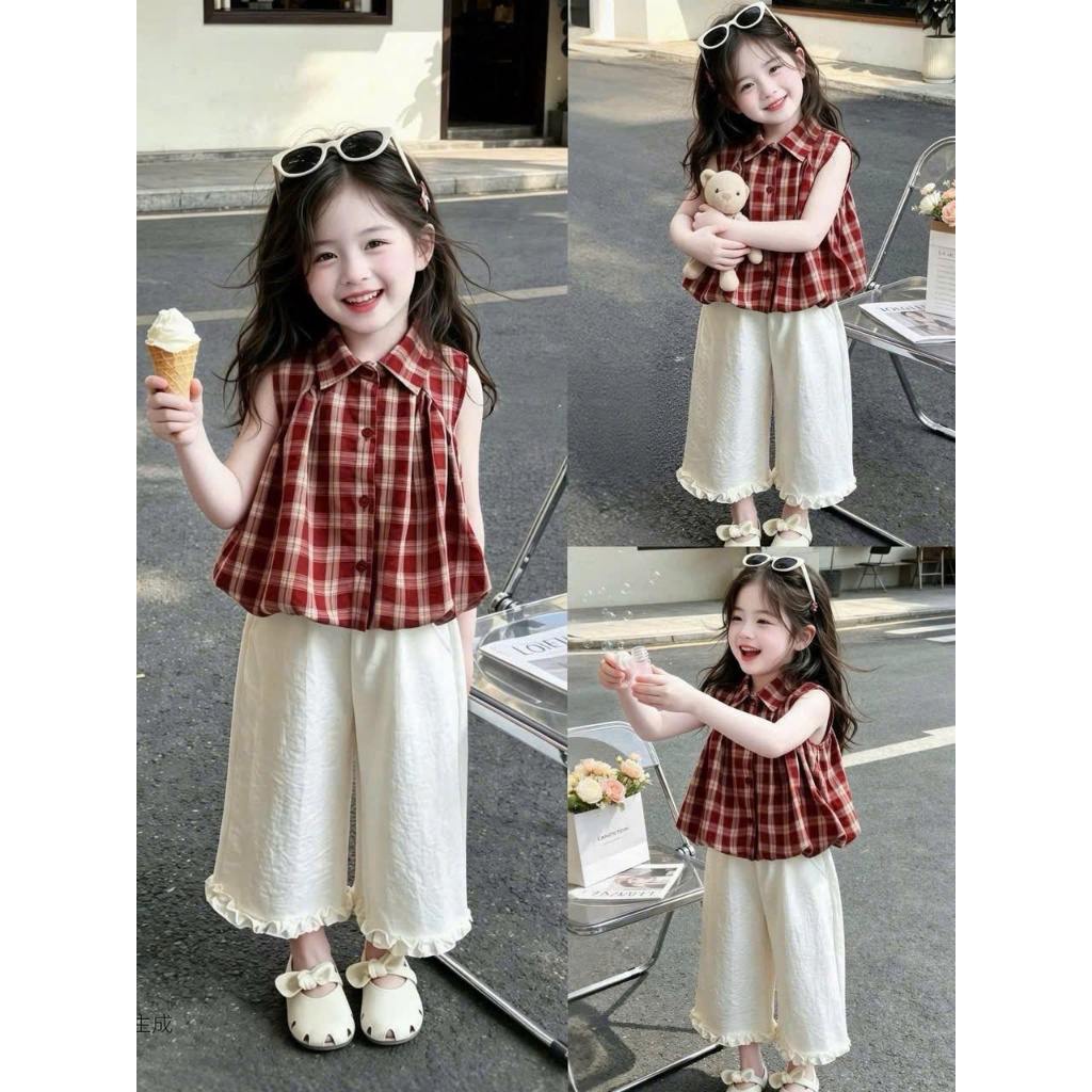 Set áo cổ yếm kẻ đỏ phong cách Hàn Quốc phối quần đũi mát sang trọng cho bé gái, chất mịn nổi bật từ