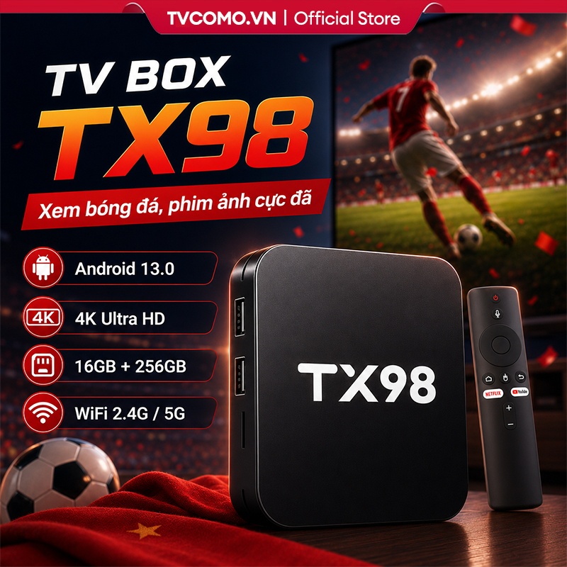 TV Box Android 13 - TX98 Pro - 4K UHD - 16G+256G - Điều Khiển Giọng Nói - Bluetooth