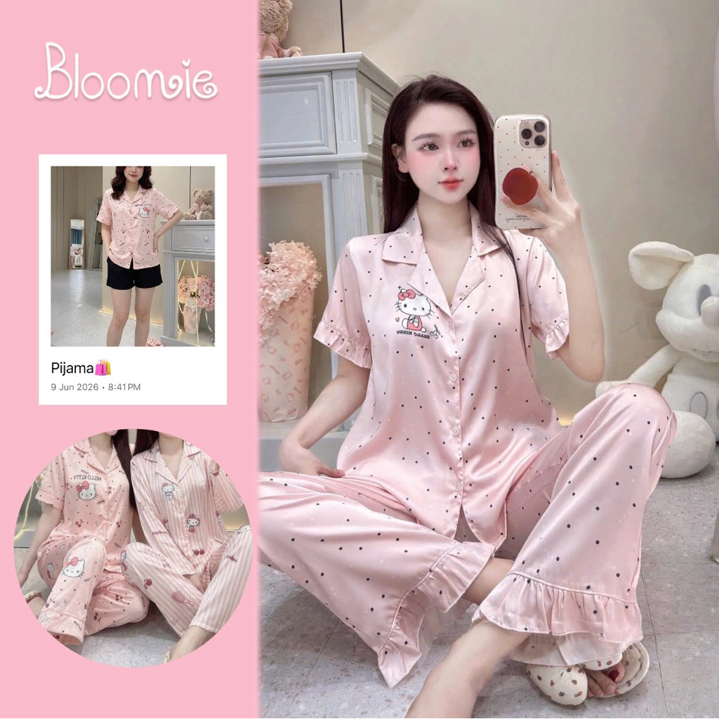 Pijama Hello Kitty vải lụa thoáng mát mùa hè