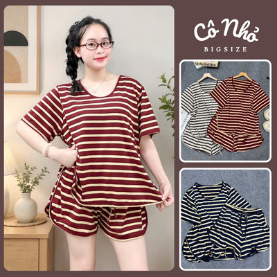 Set Đồ Bigsize Nữ Áo Thun Kẻ Sọc Xẻ Tà Phối Quần Đùi Lưng Chun Mặc Mát Mùa Hè SET880