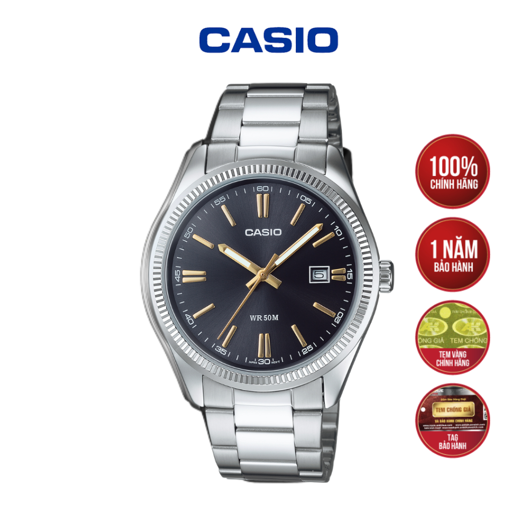 [MÃ MTP-1302D-1A2VDF] Đồng Hồ Casio Dây Thép Kim Loại - Mặt Đen Kim Vàng Sang Trọng