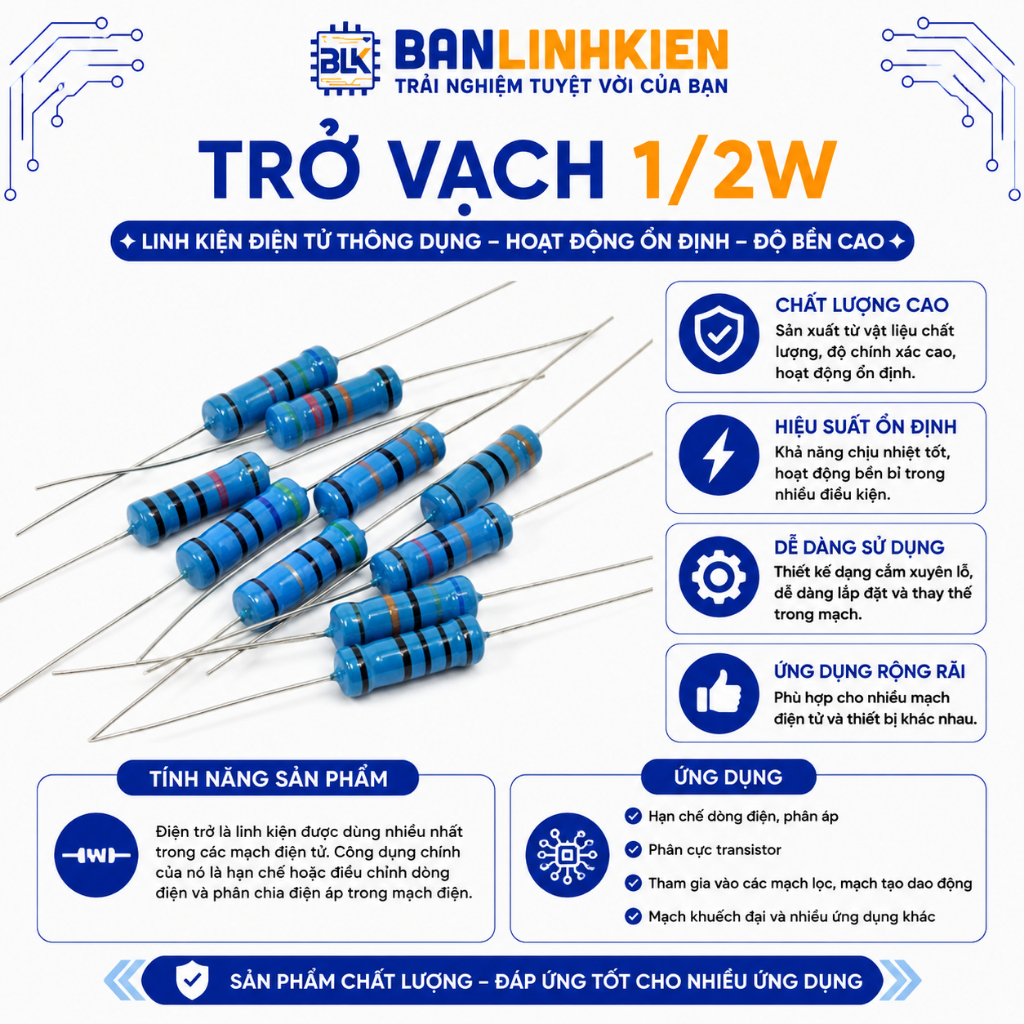 Combo 30 con Trở Vạch 5% 1/2W 1K-820R