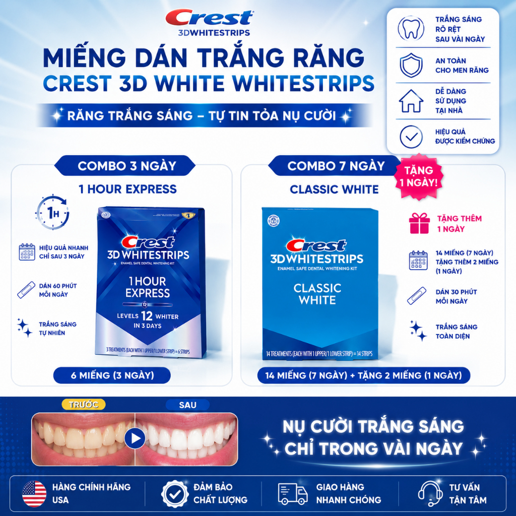 (Tách Lẻ Theo Gói) Miếng Dán Trắng Răng Crest 3D White Whitestrips 48 Miếng