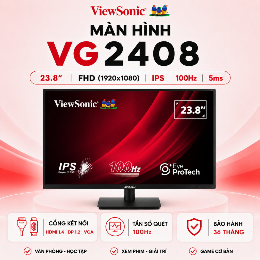 Màn Hình ViewSonic VG2408 24 Inch IPS FHD 100Hz 5ms Loa Tích Hợp HDMI/DP/VGA Chính Hãng - Hàng Chính