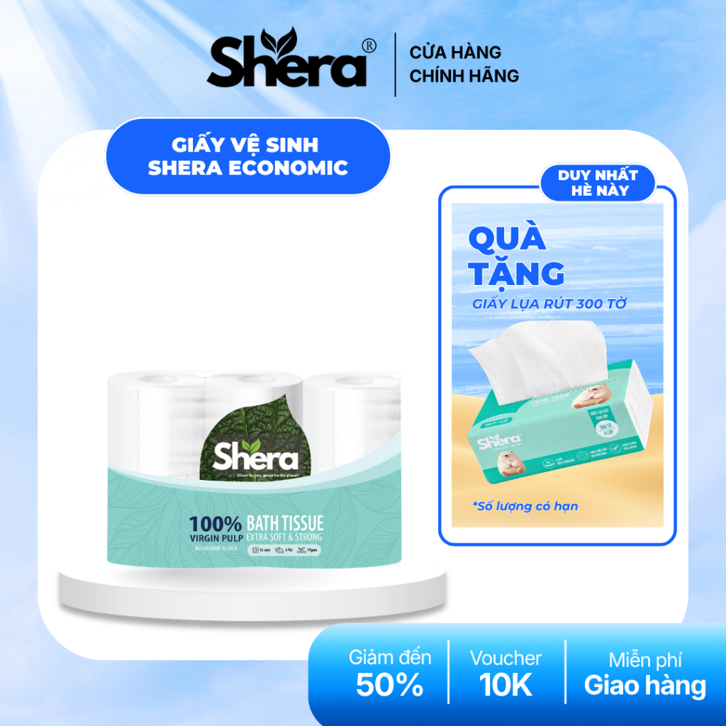 Giấy vệ sinh Shera Economic 12 cuộn 2 lớp có lõi siêu tiết kiệm