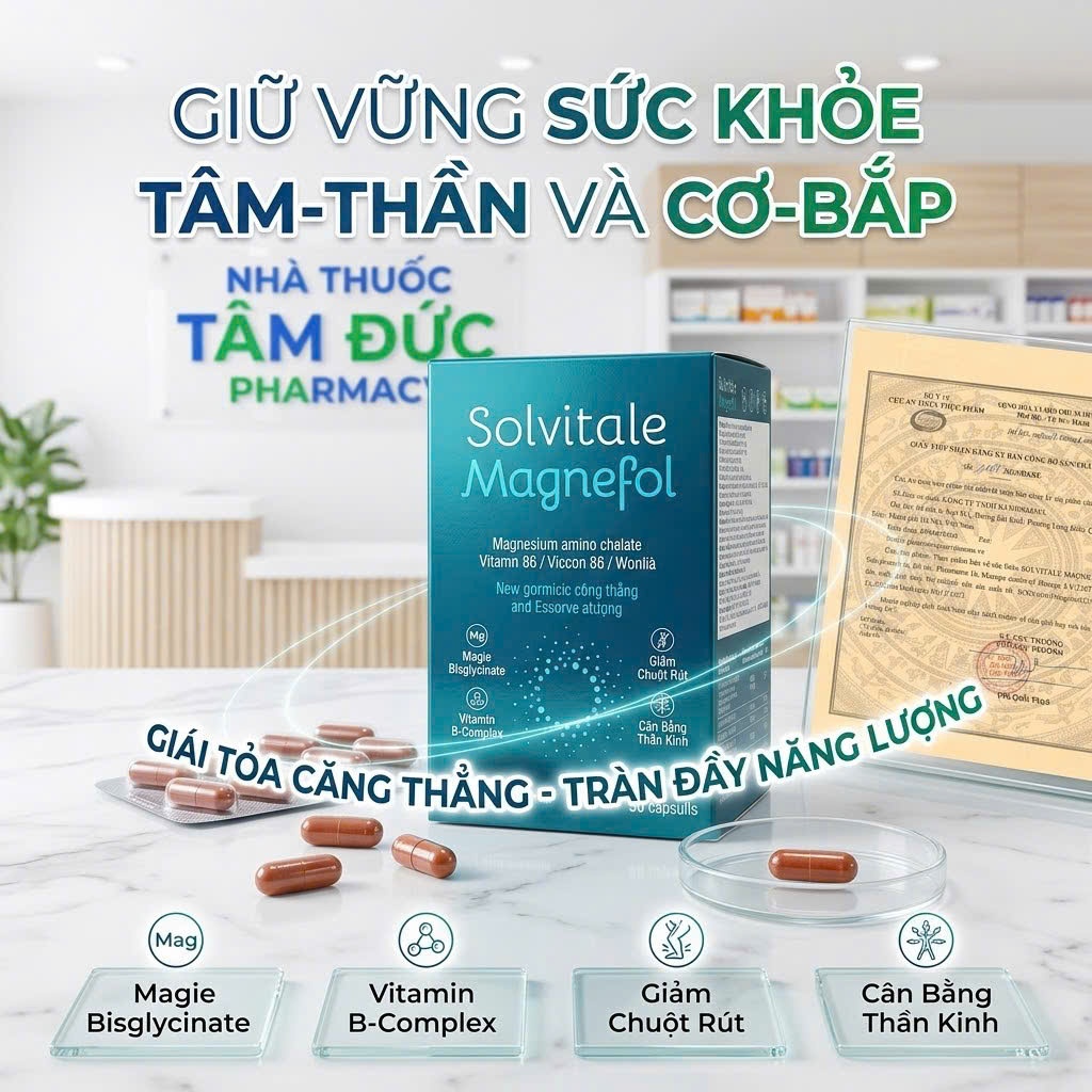 Solvitale Magnefol 30 Viên Nhập Khẩu Latvia, Magie Bisglycinate Kết Hợp Vitamin B1 B6 B9 B12