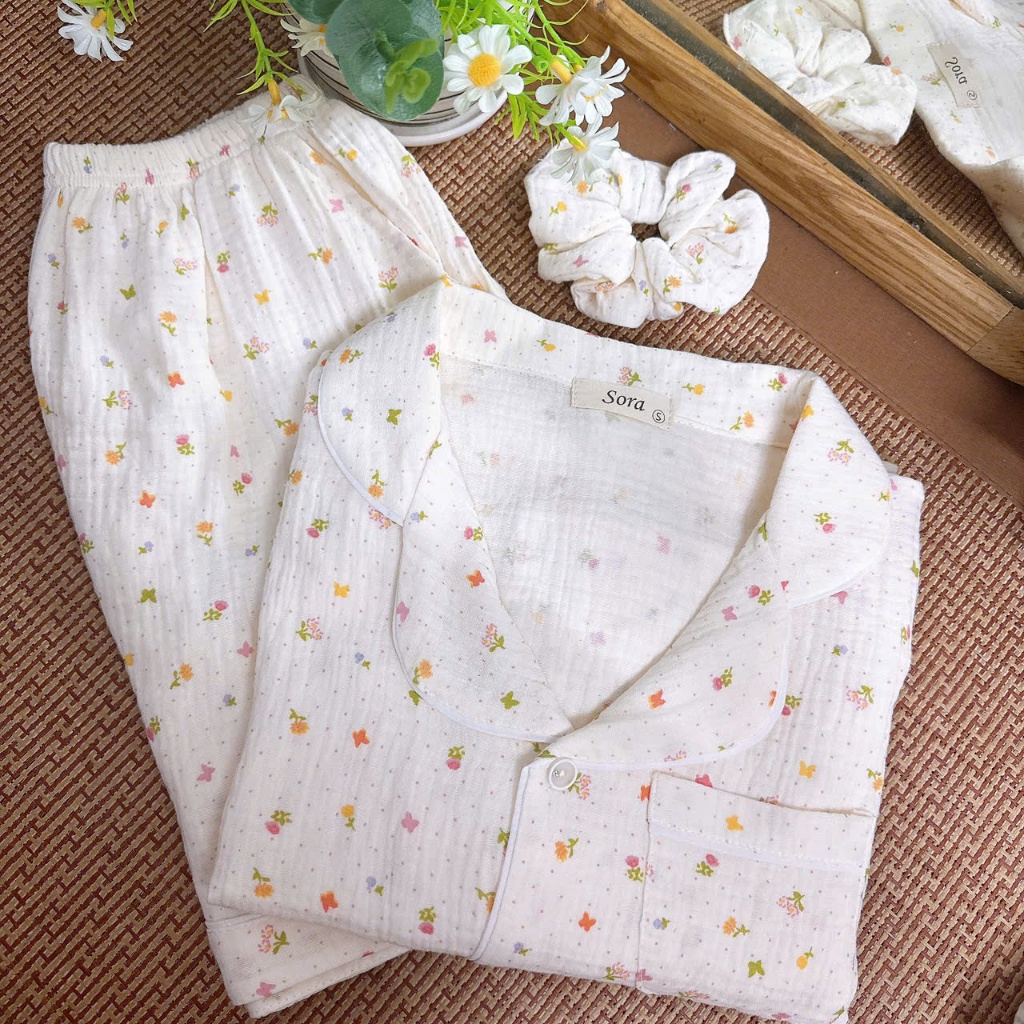BỘ TAY CỘC QUẦN CỘC Bộ đồ ngủ Pijama Xô Muslin cổ tim, mặc mềm mại thoáng mát, thấm hút mồ hôi, Sora