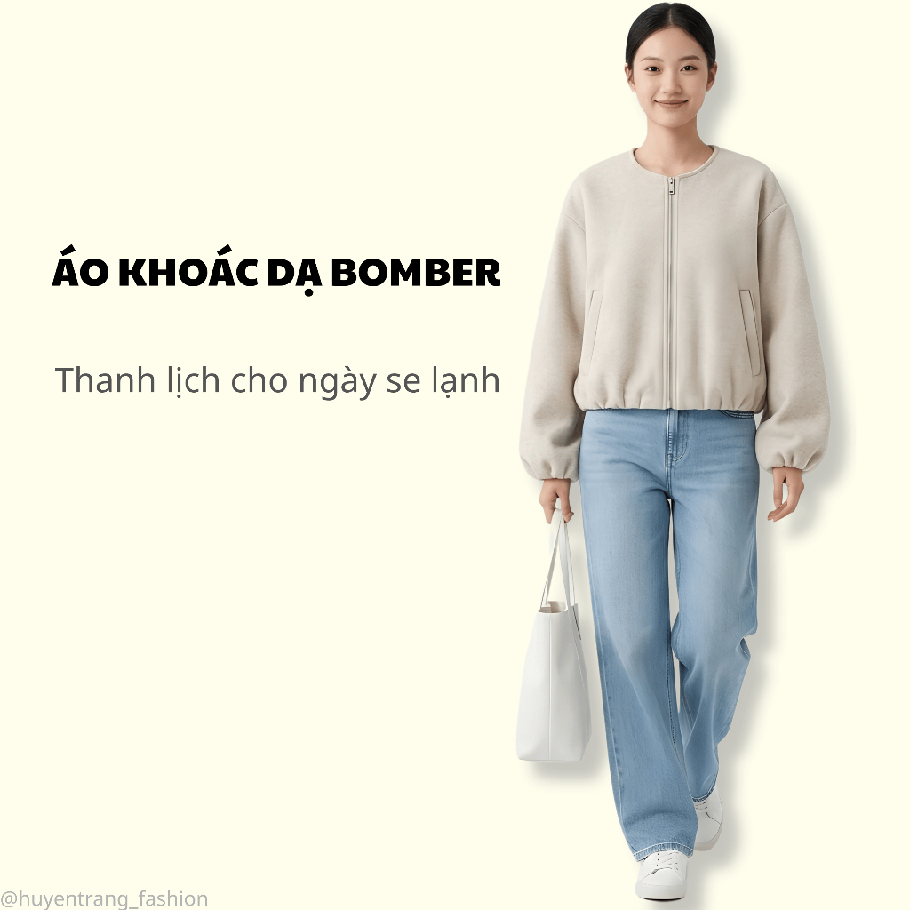 Áo Khoác Dạ Bomber Nữ Form Rộng Hot Trend 2026 Dày Dặn Giữ Ấm Khóa Kéo Trẻ Trung Cá Tính Hàn Quốc