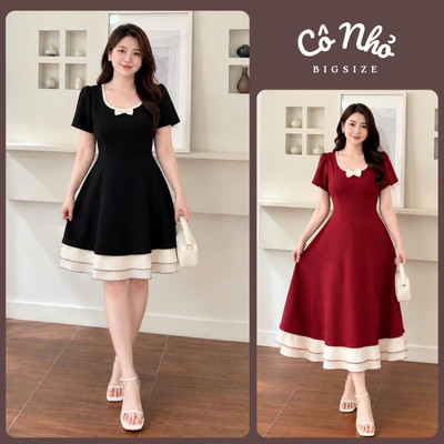 Đầm Váy Bigsize Nữ Màu Đỏ Đen Mặc Tết Dáng Dài Xinh Cổ Phối Viền Gắn Nơ Thanh Lịch A692-A693